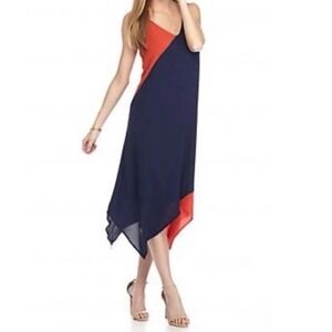 NEW Madison Leigh Navy/Burnt Orange V-Neck Crepe Colorblock Dress Womens 12 NWT